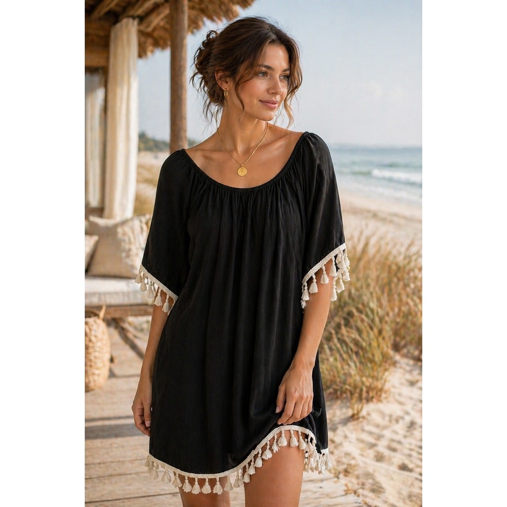 Black Bead Off Shoulder Tassel Fringe Mini Dress Black Boho Peasant Cover Up S